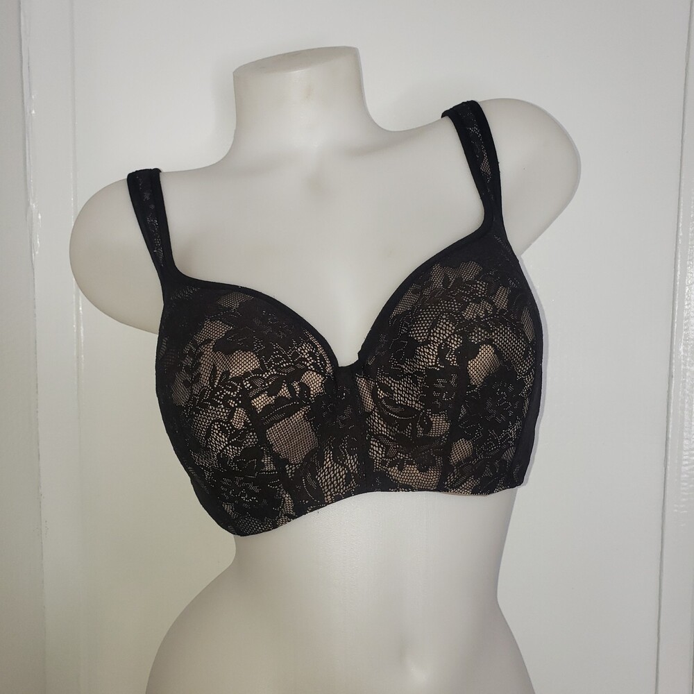 Black Floral Lace Over Nude Lining Underwire Bra